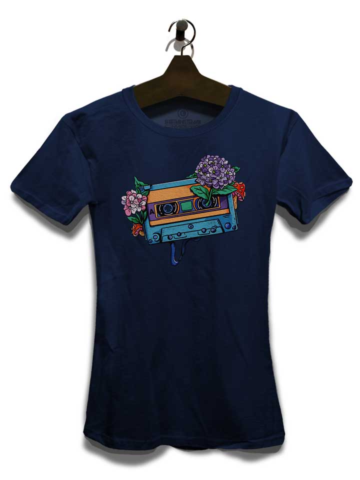 oldschool-cassette-flowers-damen-t-shirt dunkelblau 3