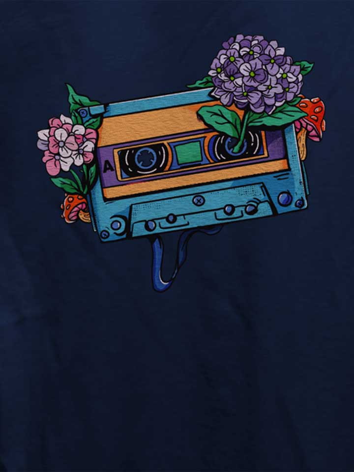oldschool-cassette-flowers-damen-t-shirt dunkelblau 4