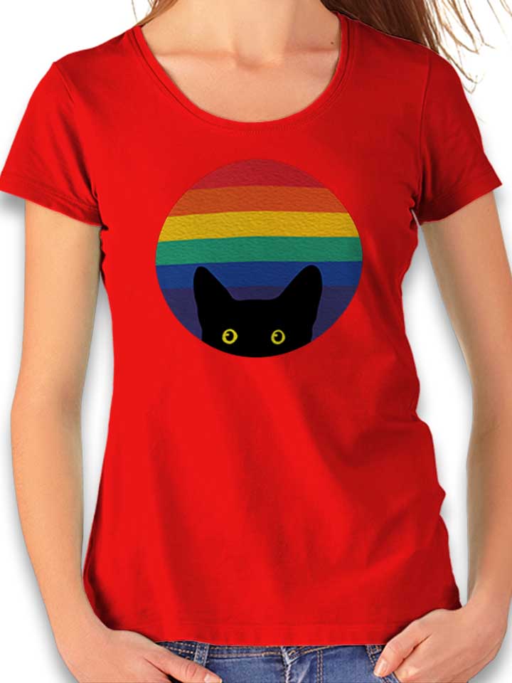 Peeking Cat In Rainbow Circle T-Shirt Donna rosso L