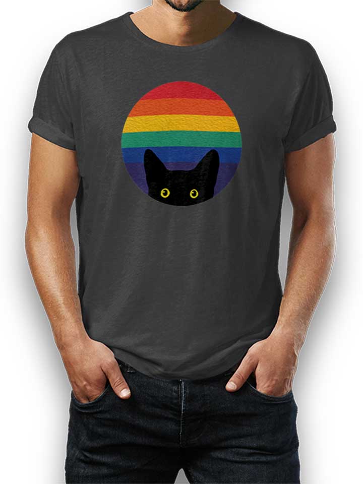 Peeking Cat In Rainbow Circle T-Shirt gris-fonc L