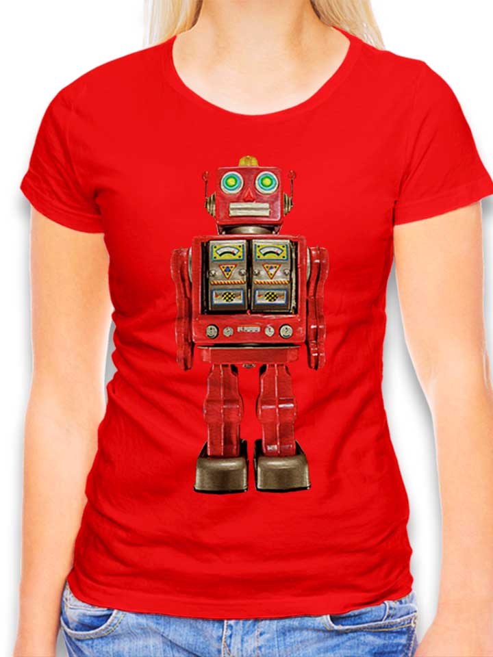 Red Tin Toy Robot Pattern Damen T-Shirt rot L