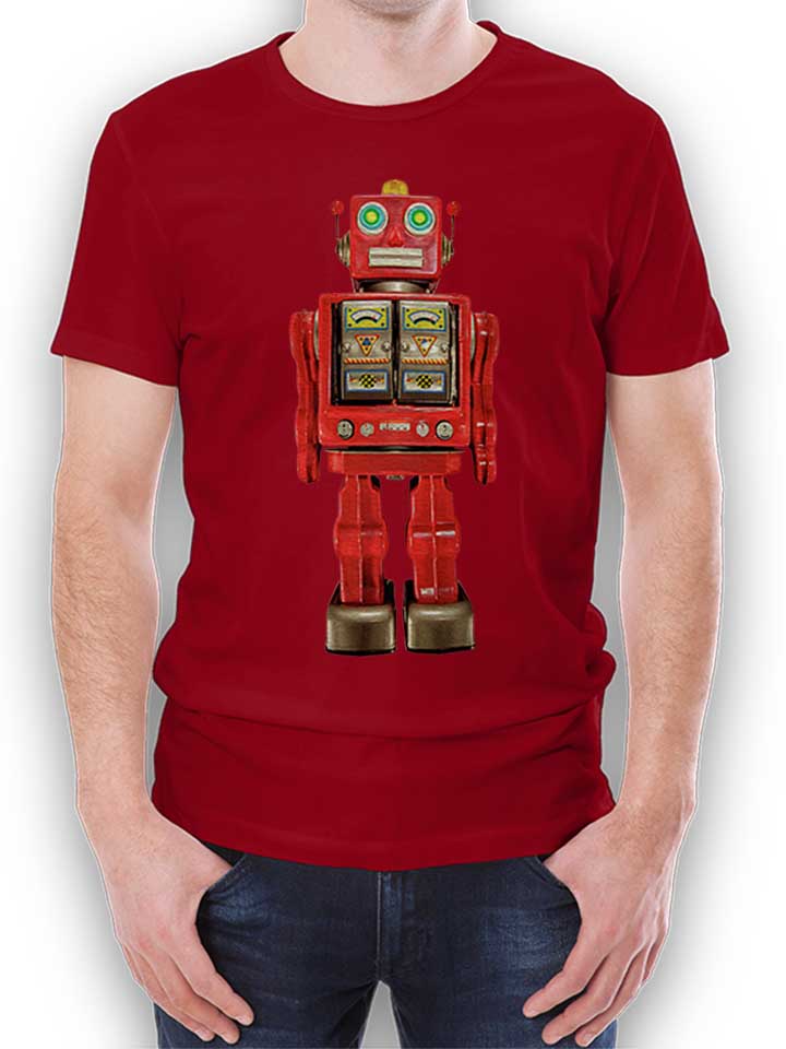Red Tin Toy Robot Pattern T-Shirt bordeaux L