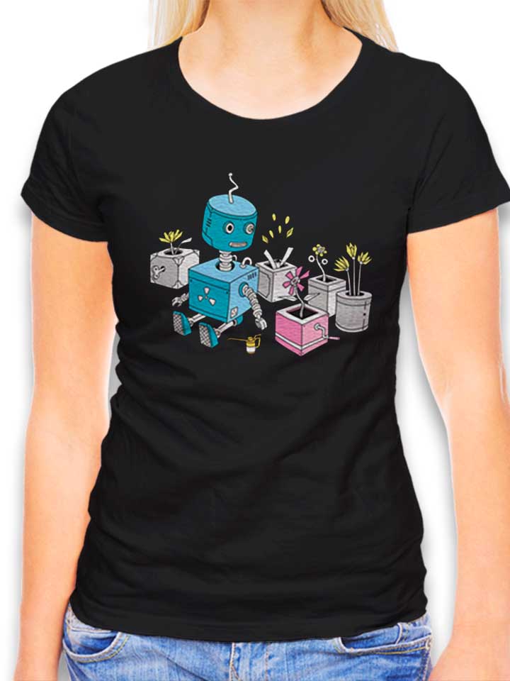 Robot And Flowers Damen T-Shirt schwarz L