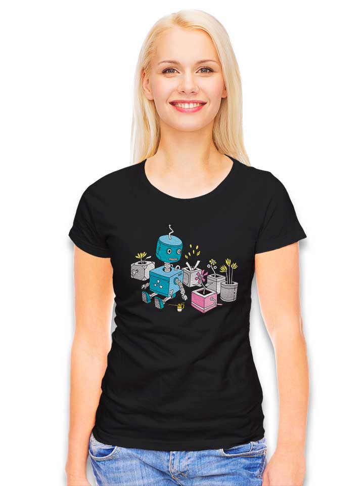 robot-and-flowers-damen-t-shirt schwarz 2