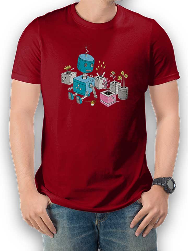Robot And Flowers T-Shirt bordeaux L