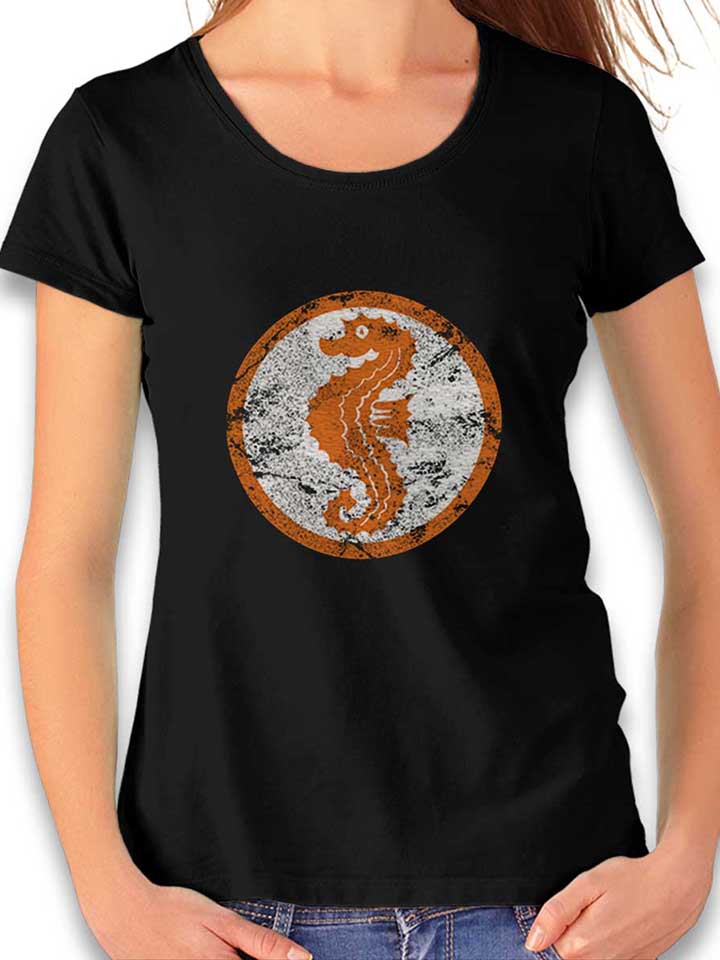 Seepferdchen Logo Vintage Damen T-Shirt schwarz L