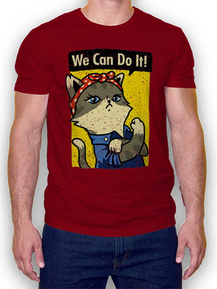We Can Do It Cat T-Shirt maroon L